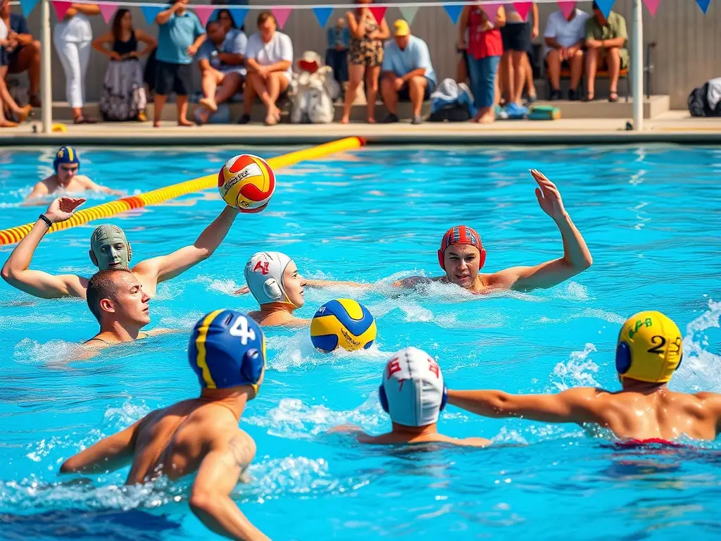 A dynamic shot of a water polo match in progress, showcasing teamwork, strategy, and athleticism in a competitive environment at FRANCS NAGEURS CLUB DOUAI.