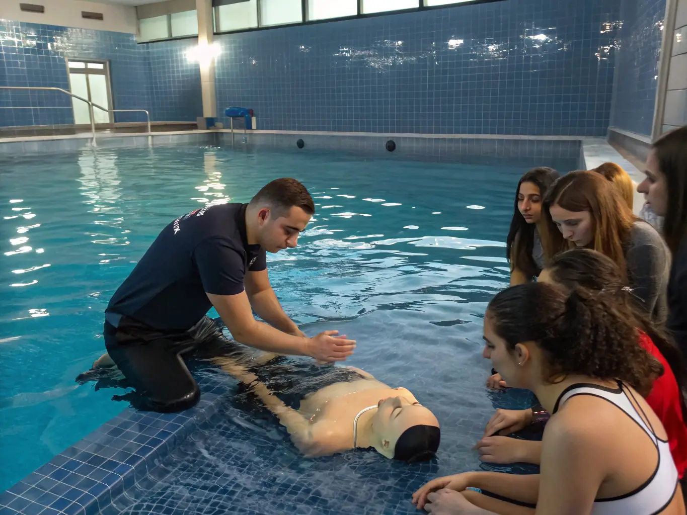 Participants in a lifesaving training course practicing rescue techniques and CPR, demonstrating preparedness and safety awareness at FRANCS NAGEURS CLUB DOUAI.