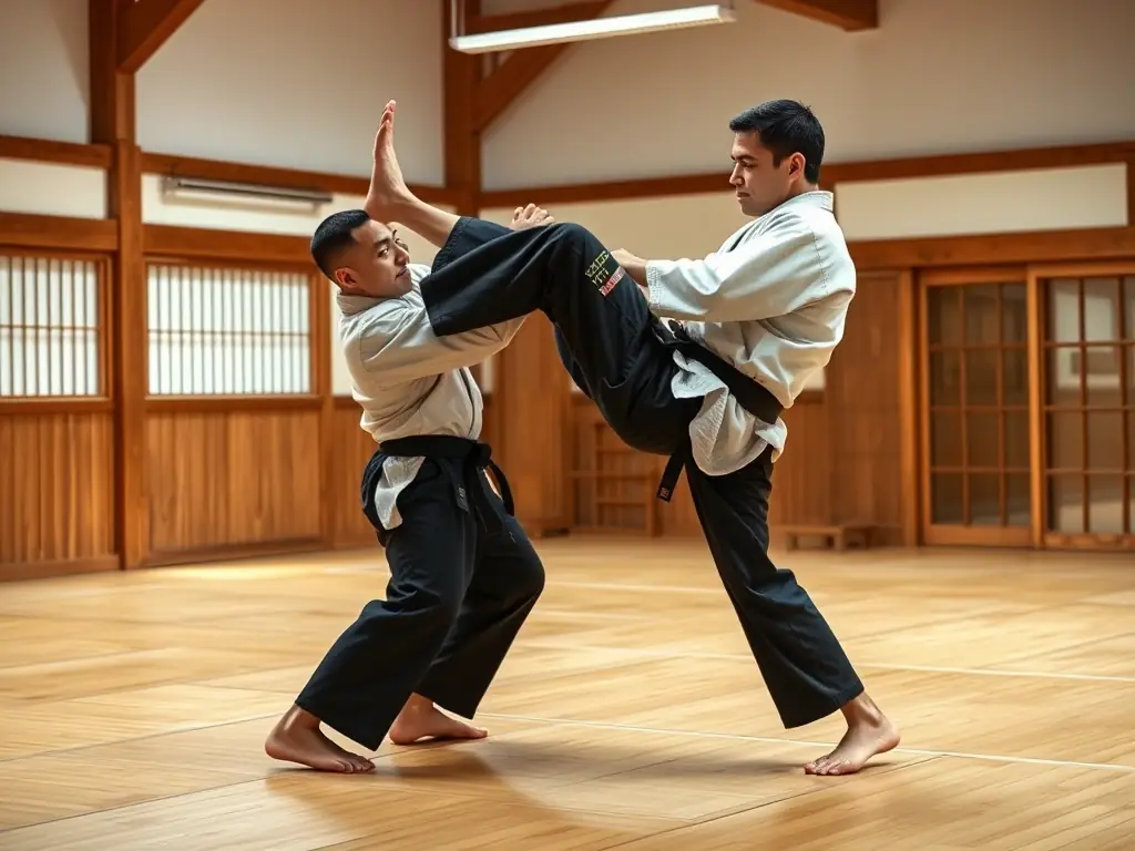 A dynamic image of individuals practicing Judo techniques in a dojo, showcasing the intensity and focus of the sport. The image should capture the essence of Judo training at JCB Judo Club Belledonne.