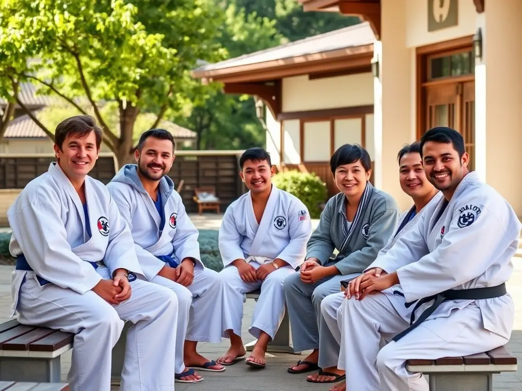 A group of club members socializing and supporting each other after a training session, highlighting the strong sense of community within JCB Judo Club Belledonne.