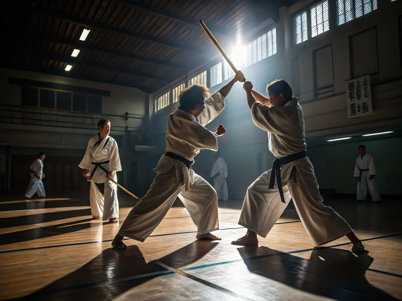 A focused image of Kendo practitioners engaged in a sparring match, showcasing the precision and tradition of the sport. The image should reflect the discipline and respect inherent in Kendo at JCB Judo Club Belledonne.