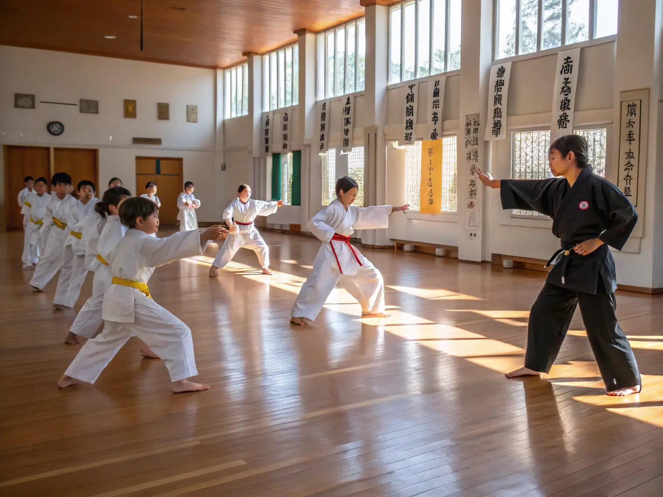 A diverse group of students of all ages and skill levels practicing judo techniques under the guidance of a sensei in a traditional dojo setting, emphasizing the club's inclusive environment.