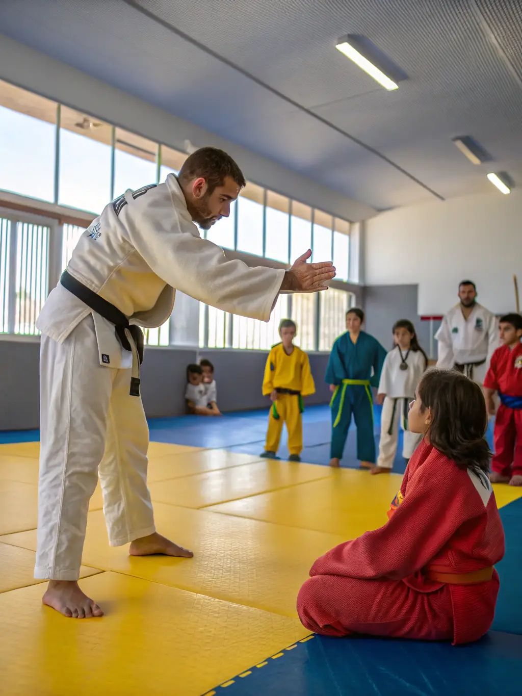 A young judoka in a white gi executing a perfect ippon throw during a competition, showcasing the dynamic movements and skill involved in judo.
