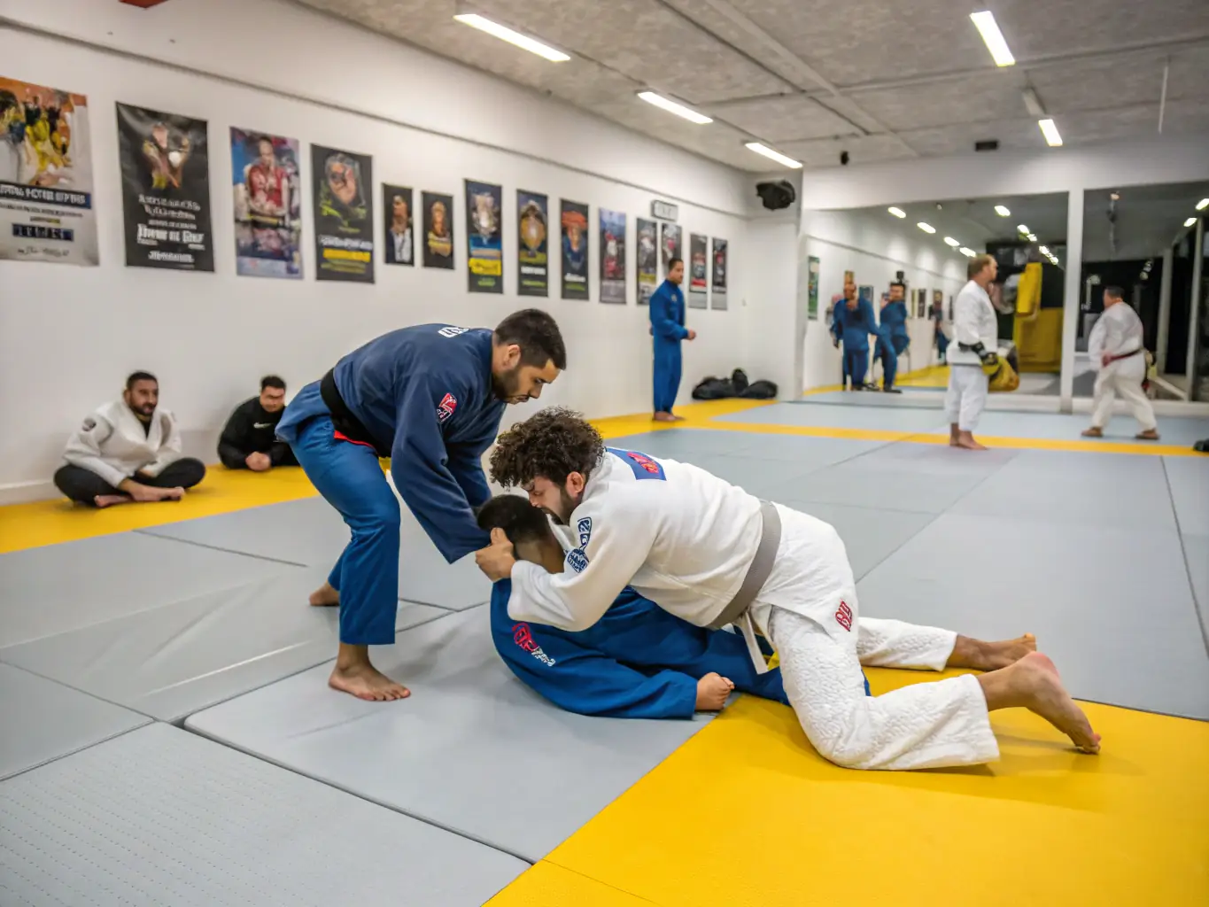 An action-packed image of Jujitsu practitioners demonstrating grappling and submission techniques. The photo should highlight the versatility and effectiveness of Jujitsu as a martial art at JCB Judo Club Belledonne.