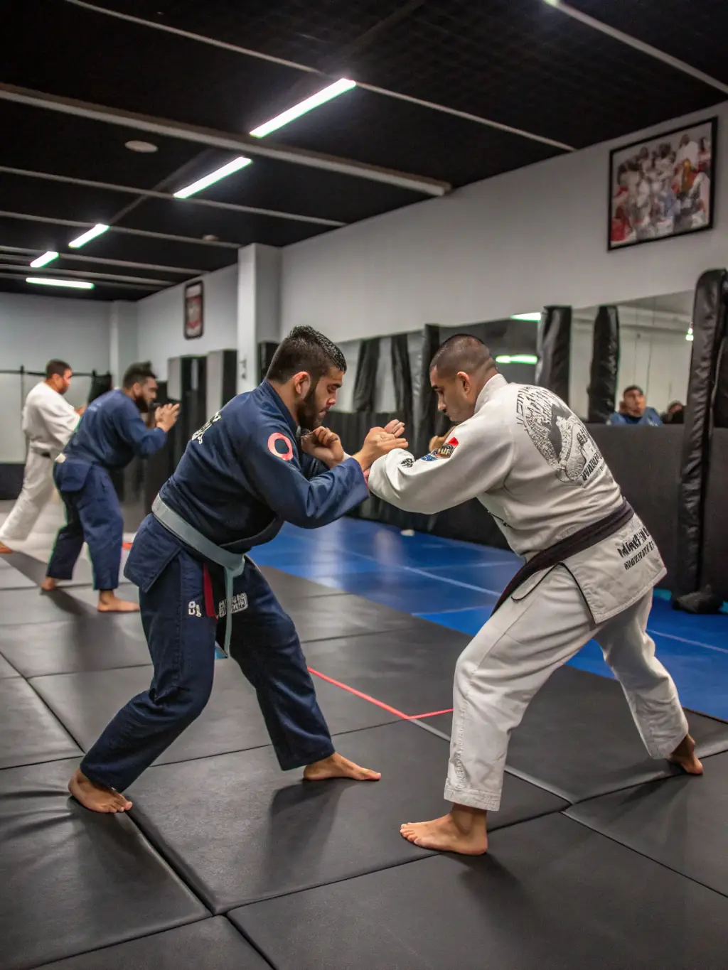 Two jujitsu practitioners demonstrating a grappling technique on a mat, highlighting the close-quarters combat and self-defense aspects of jujitsu.