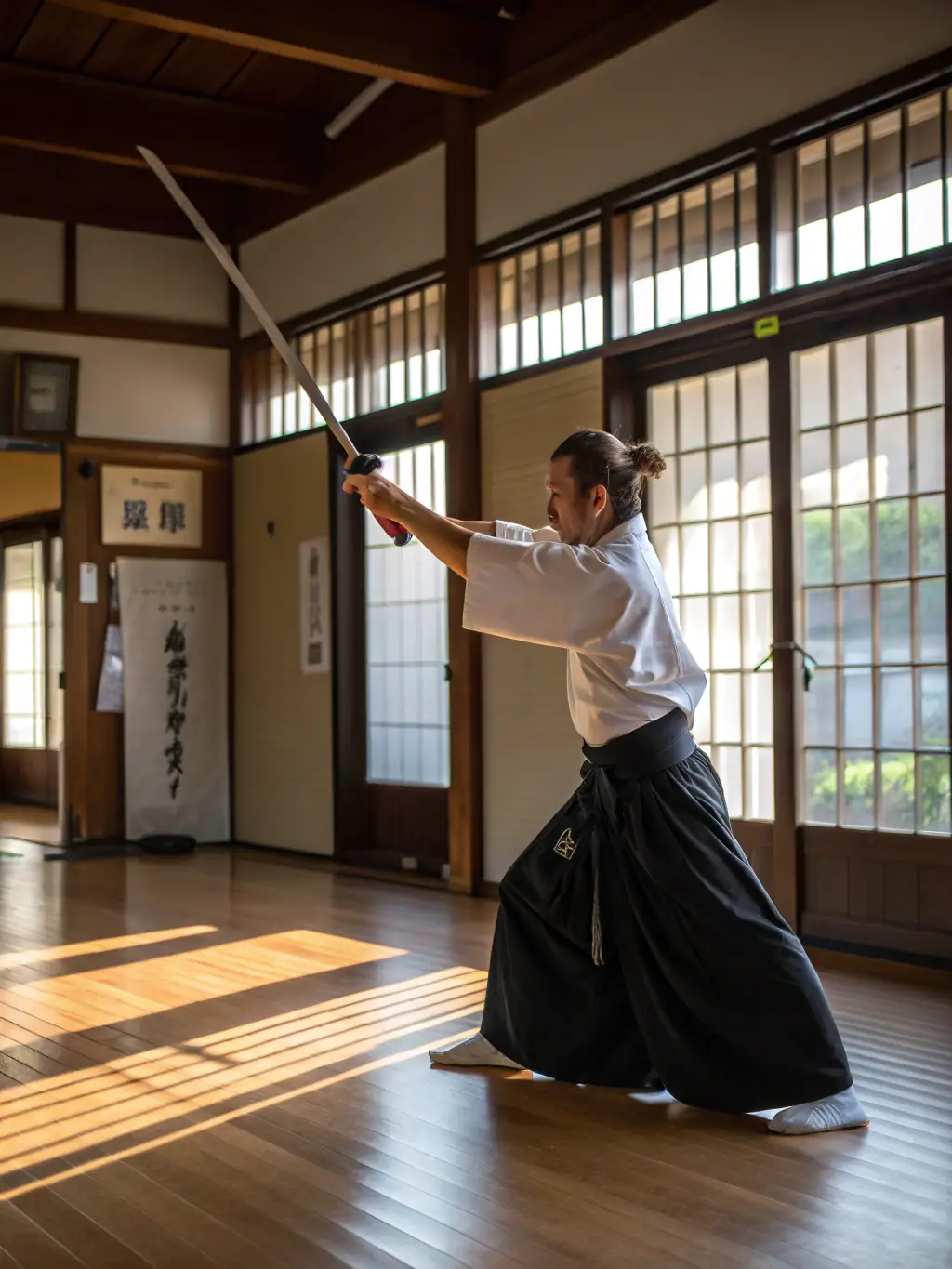A kendo practitioner in full traditional armor (bogu) wielding a bamboo sword (shinai) during a practice session, emphasizing the tradition and precision of kendo.